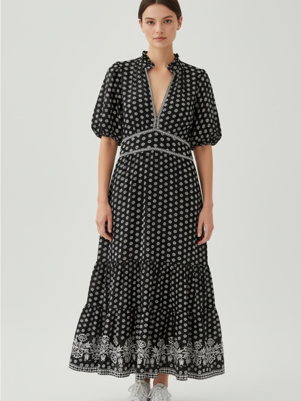 Max Studio Black and White Printed Maxi Dress with Puff Sleeves and Tiered Skirt